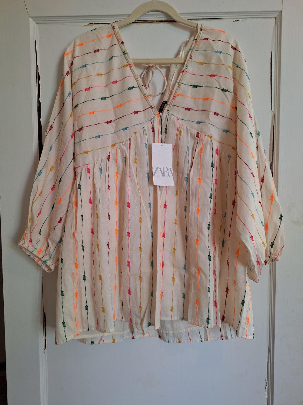 Zara Womens White Romper Multicolored Stitching  Back Tie Detail Sz L Beach